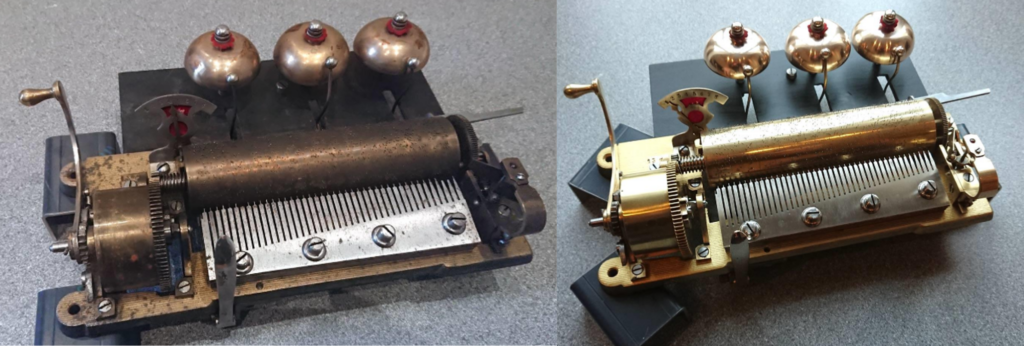 3-bell musical box before and after restoration